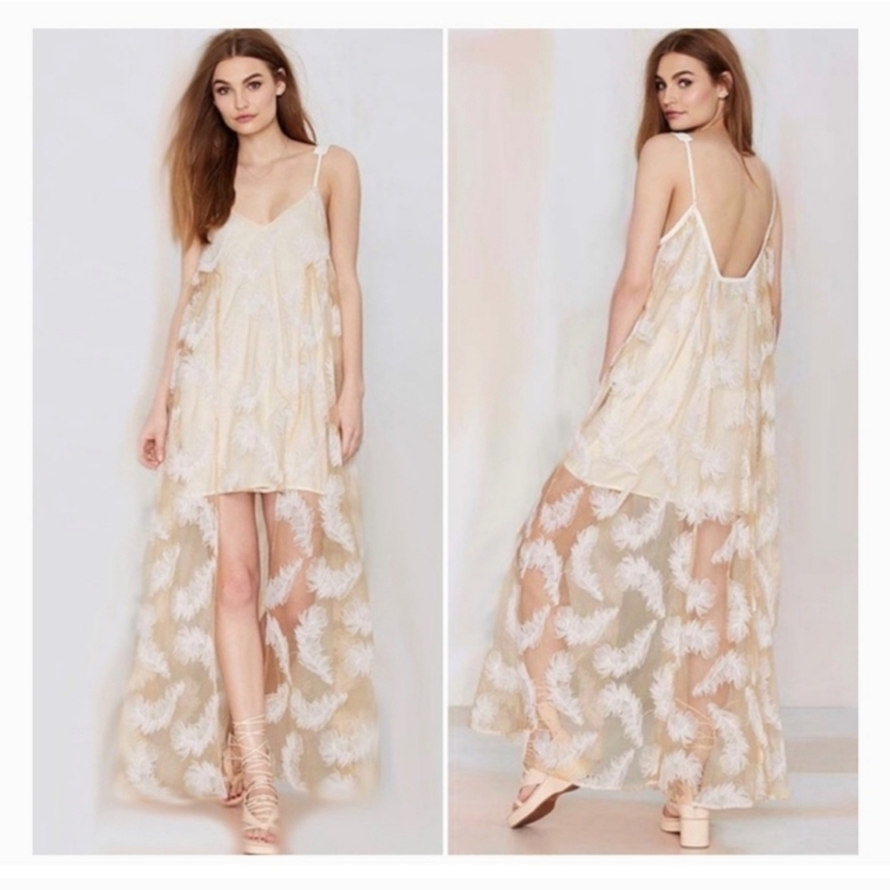 LINE & DOT boho cream feather embroidered sheer overlay maxi dress S